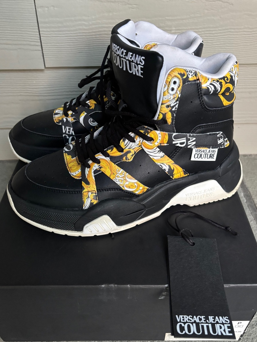 Versace Black Gold Hibiscus High Top Sneakers
